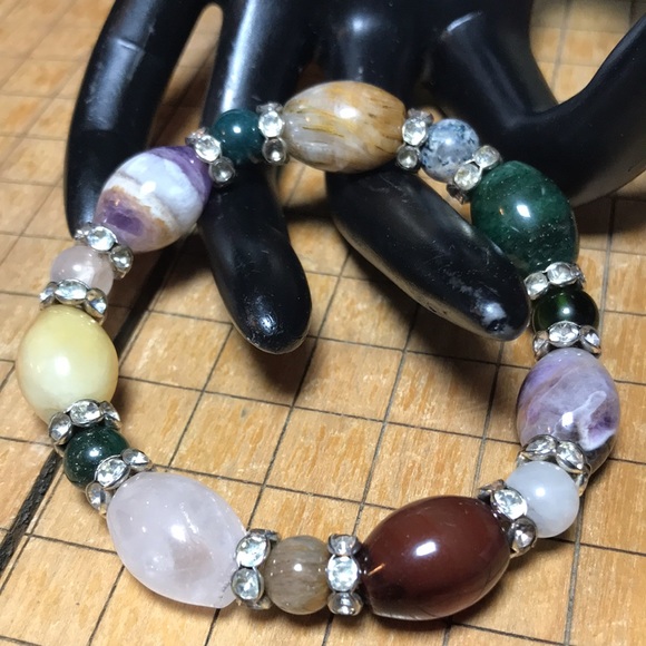 Semiprecious Crystal Mixed Stone Bracelet 7”L Elastic Rhinestone Ring Bead Acct. - Picture 8 of 10